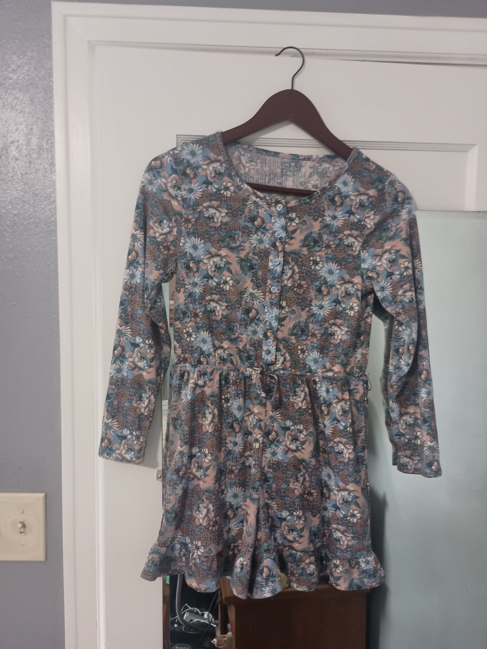 Floral Ruffle-Hem Girls Romper in Blue Taupe